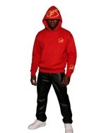 Person wearing a red reversible streetwear hoodie with gold and silver logo and black pants on a white background