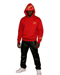 Person wearing a red reversible streetwear hoodie with gold and silver logo and black pants on a white background