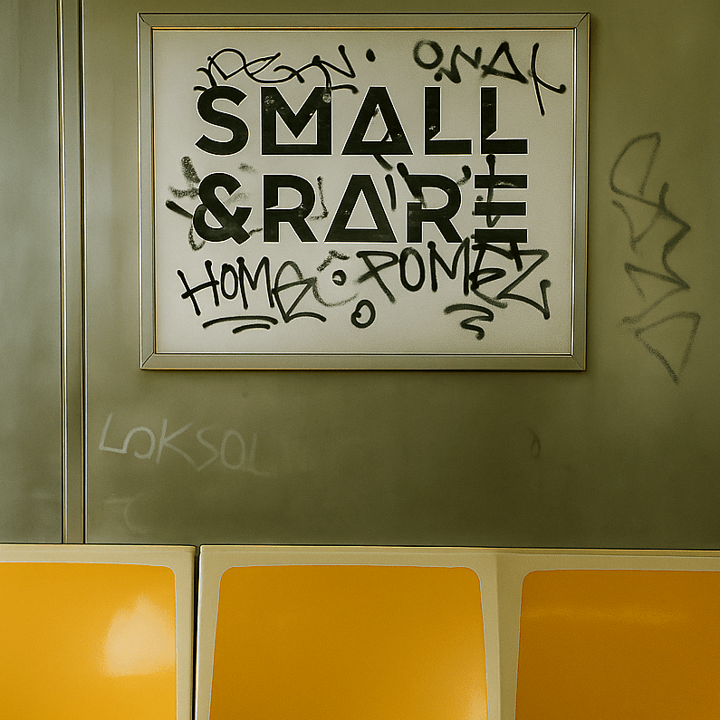 Yellow seats on a train with a framed poster on the wall above them.