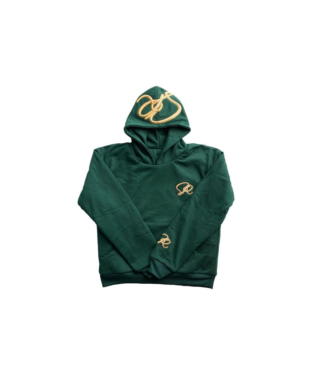 Flat lay of Green reversible hoodie with gold logo on a white background
