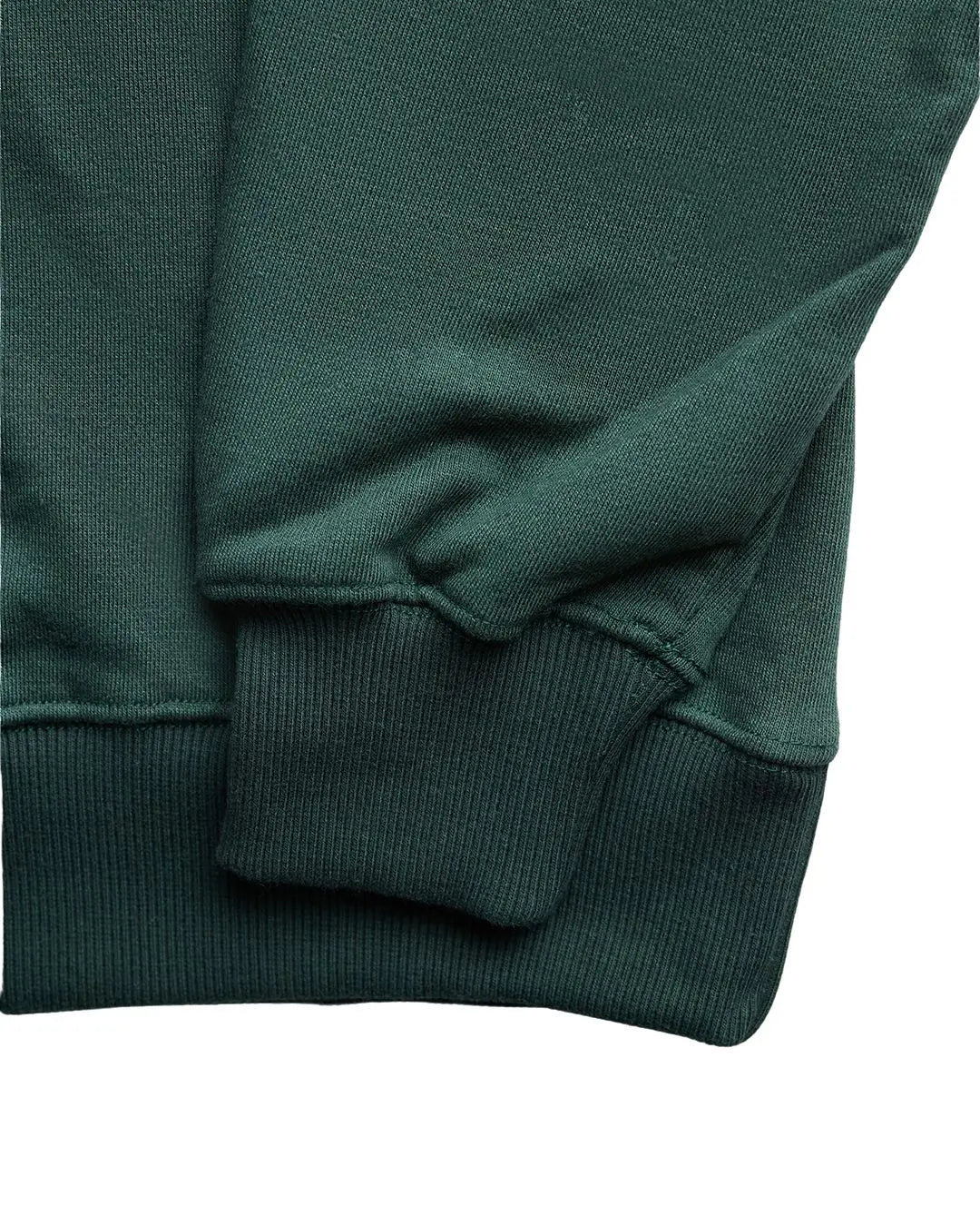 Close-up of a green sweatshirt with a white background