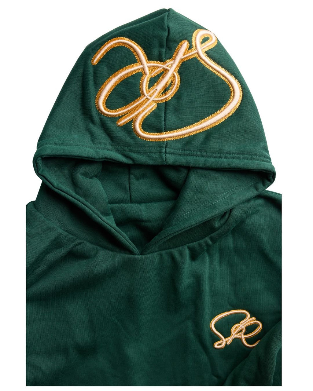 Green hoodie with gold logo on a white background