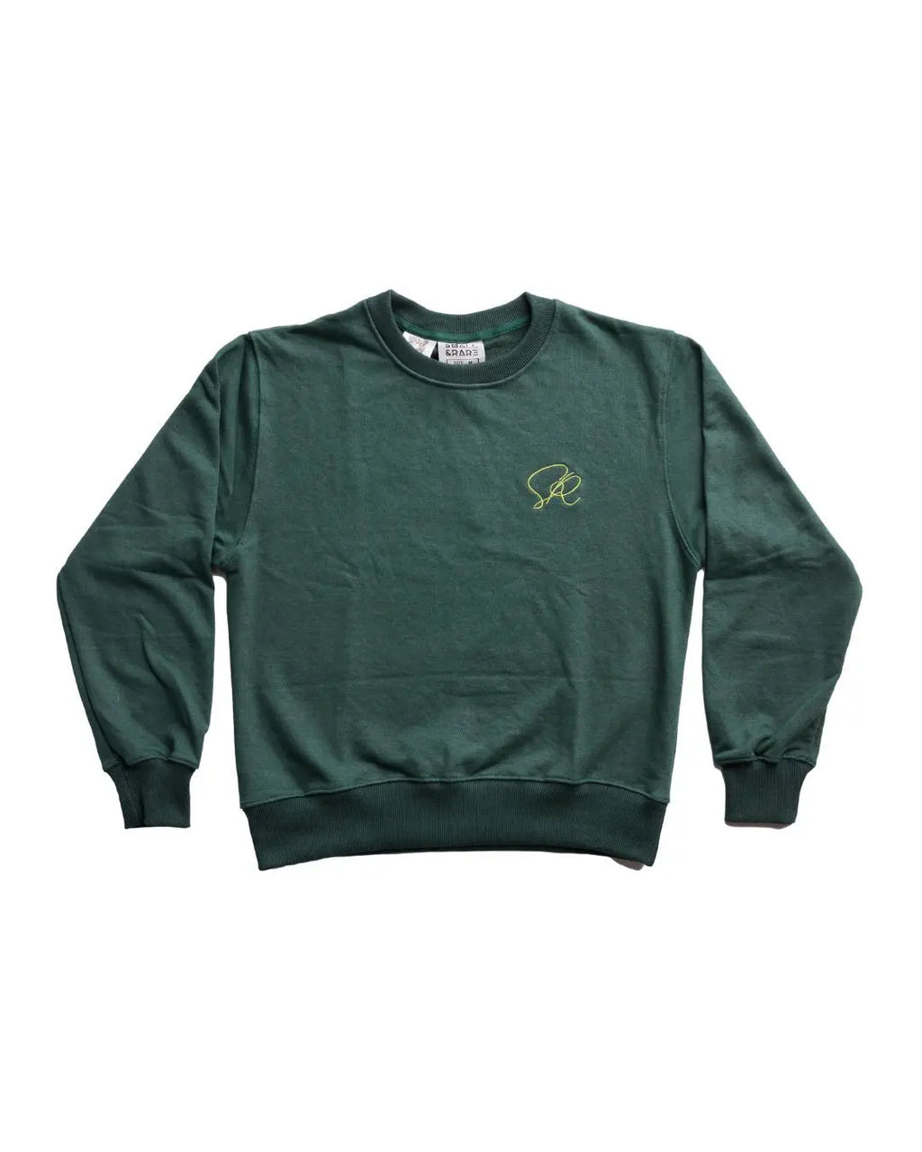 Green sweatshirt with a small logo on a white background