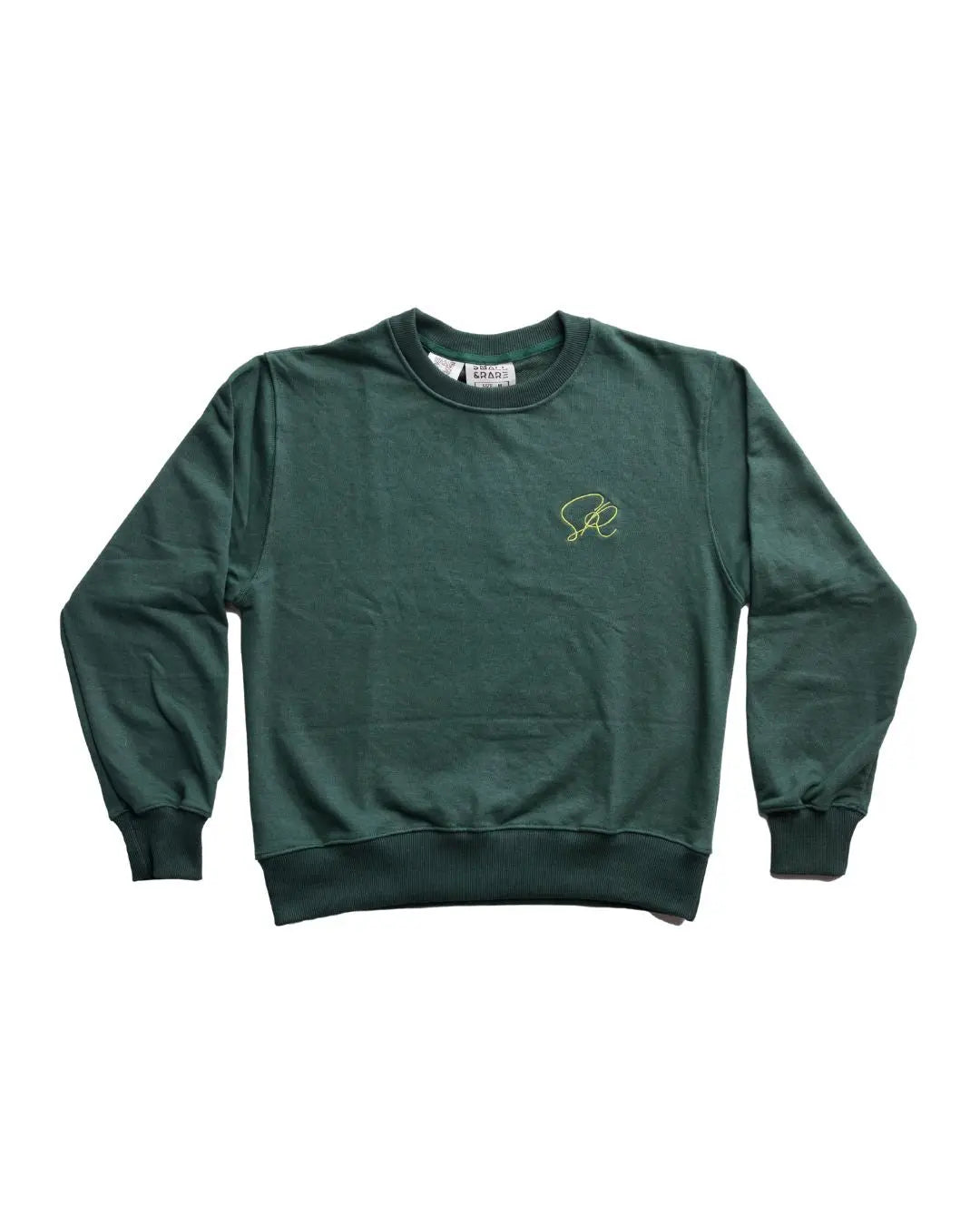Green sweatshirt with a small logo on a white background