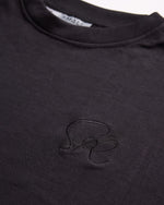 Black crew neck  with a small embroidered logo on a plain background