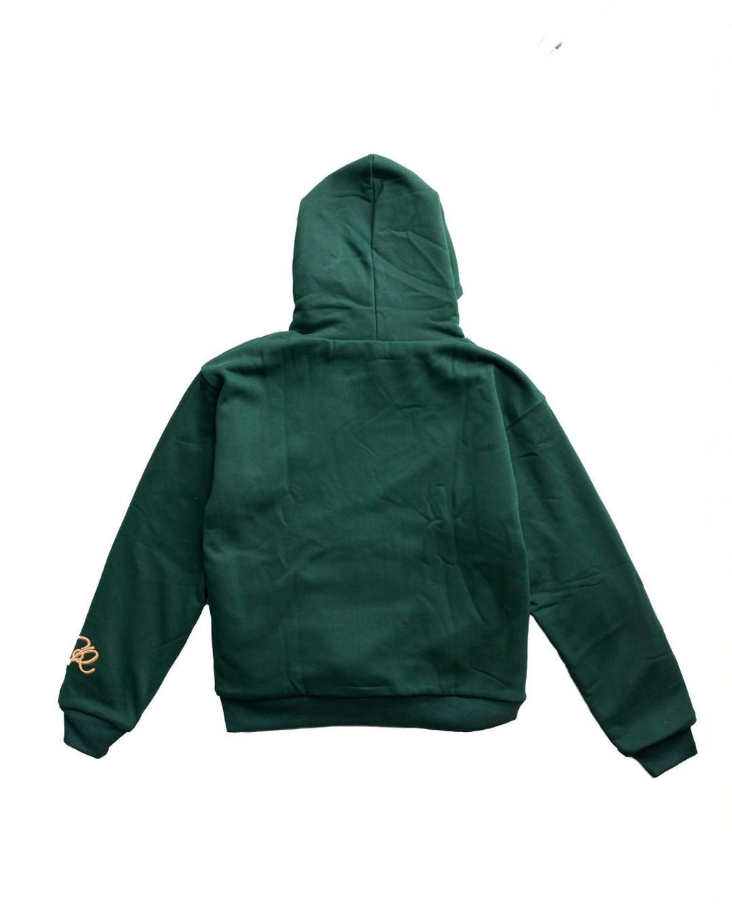 Green hoodie with a brand logo on the sleeve against a white background