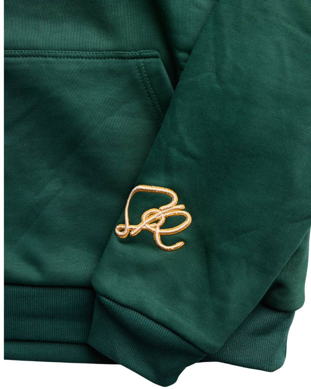 Green sweatshirt with a gold logo on a white background