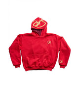 Red streetwear hoodie with a logo on a white background