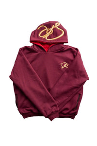 Crimson hoodie with gold logo on a white background